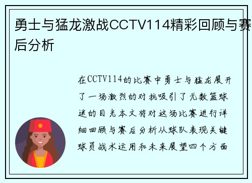 勇士与猛龙激战CCTV114精彩回顾与赛后分析